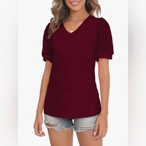 NEW Burgundy Wine Red Knit V Neck Top With Short Puff Swiss Dot Lace Sleeves